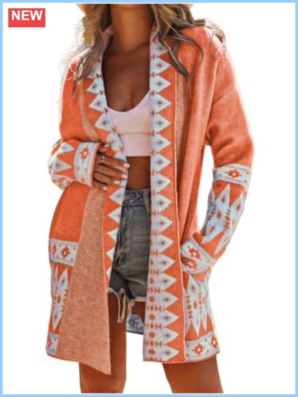 Womens Boho Aztec Jacquard Knit Open Front Cardigan Long Sleeve Sweater Coat